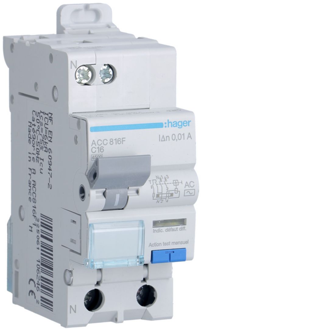 Hager ACC Series Residual Current Circuit Breaker, 16A, 1-Pole, 10 mA, Curve C, 6 kA 240V ac