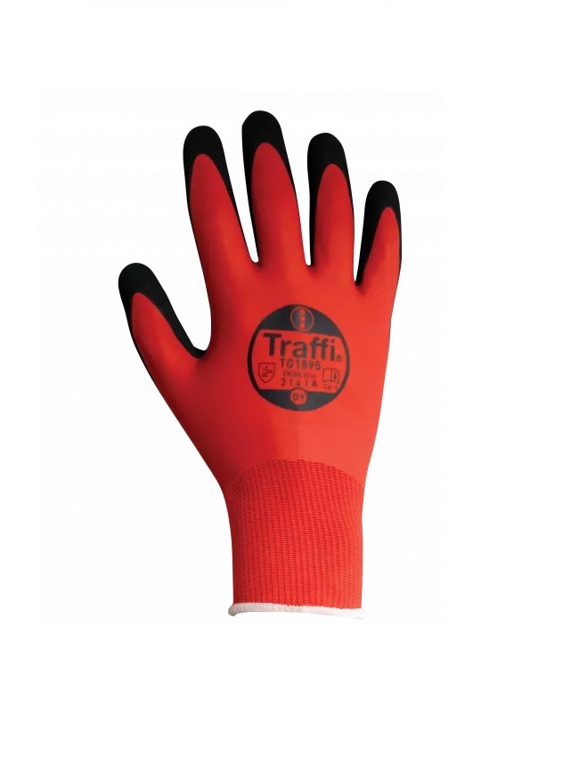Traffi TG1895 Red Elastane, Polyester Elastane, Nylon Work Gloves, Size 6, Nitrile Foam Coating