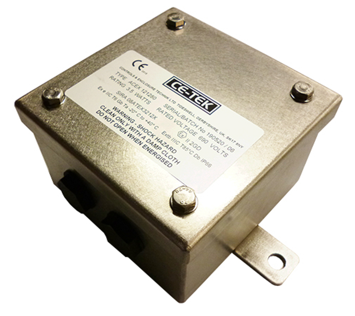 CE-TEK ACEX Series 316L Stainless Steel Junction Box, IP66, 4 Terminals, ATEX, 120 mm, 80mm 120 mm