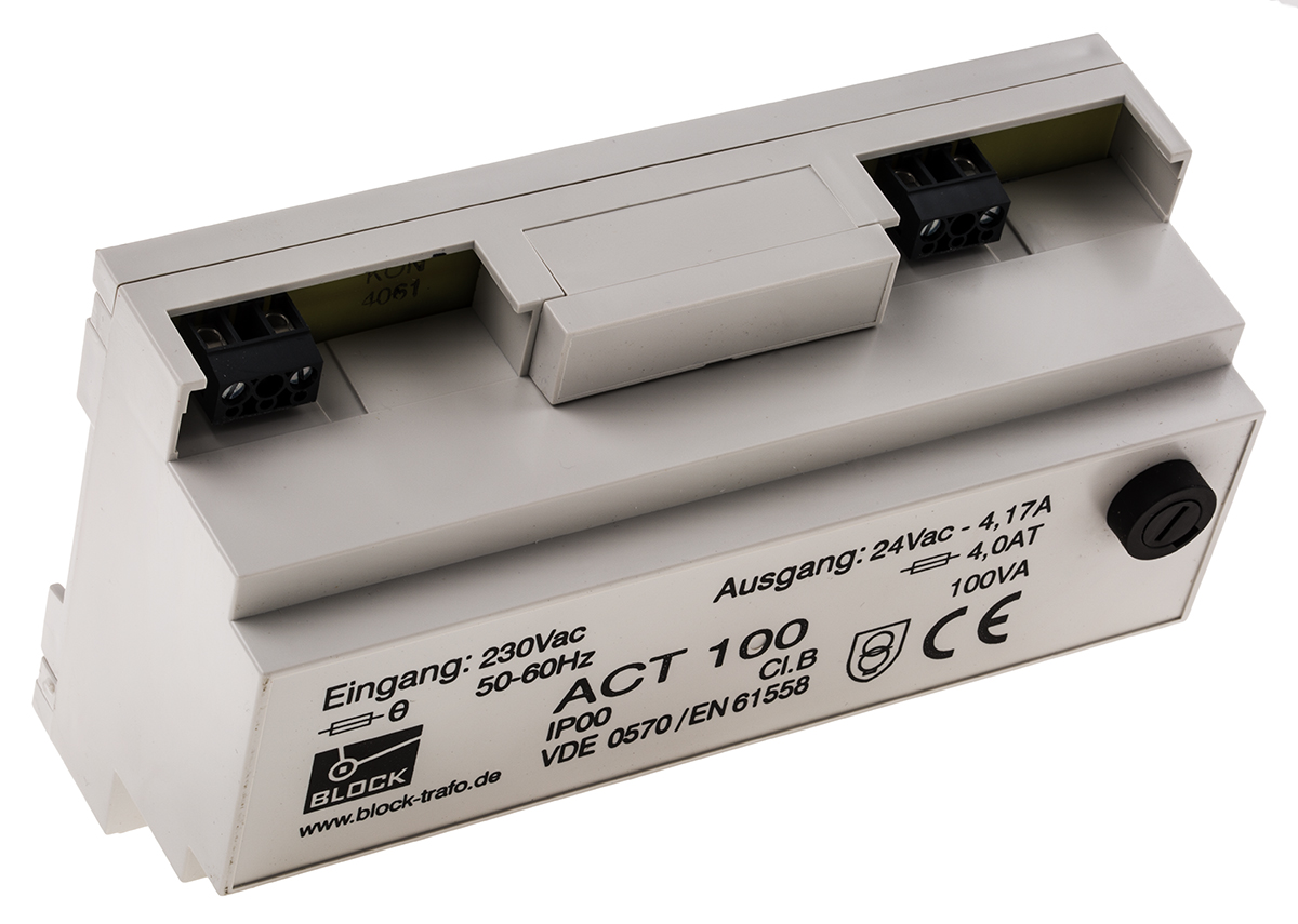 Block 100 VA DIN Rail Transformer, 230 V ac Primary, 24 V ac Secondary, EN 61558-2-6, IEC 61558-2-6, DIN EN 61558-2-6,