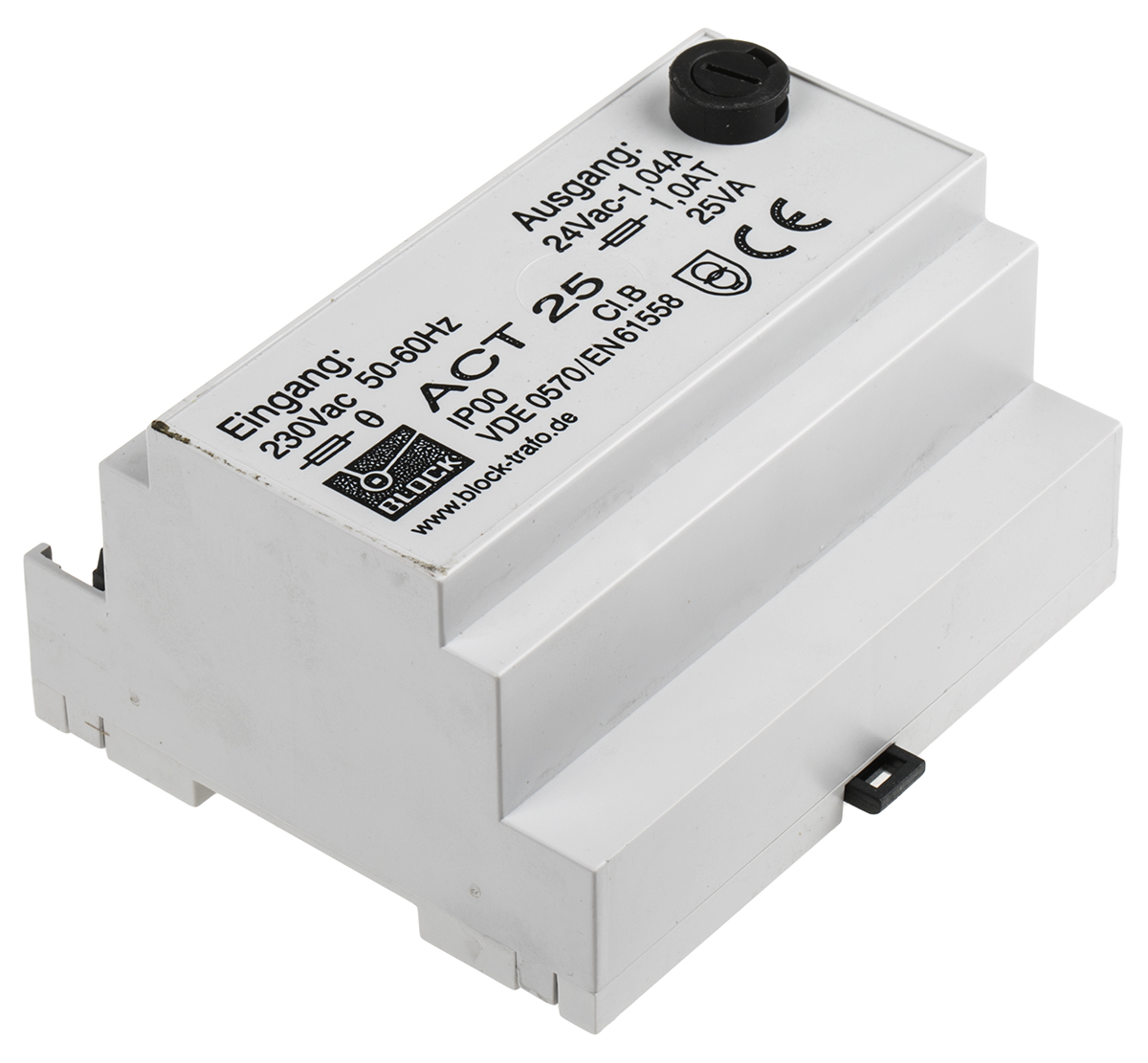 Block 25 VA DIN Rail Transformer, 230 V ac Primary, 24 V ac Secondary, IEC 61558-2-6, DIN EN 61558-2-6, VDE 0570 Part