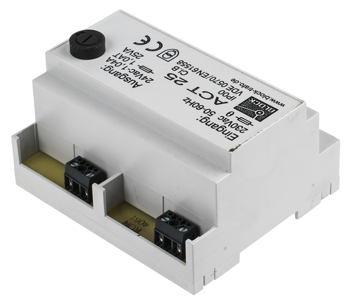 act25 Block 25 VA DIN Rail Transformer, 230 V ac Primary, 24 V ac Secondary, IEC 61558-2-6, DIN EN 61558-2-6, VDE 0570 Part