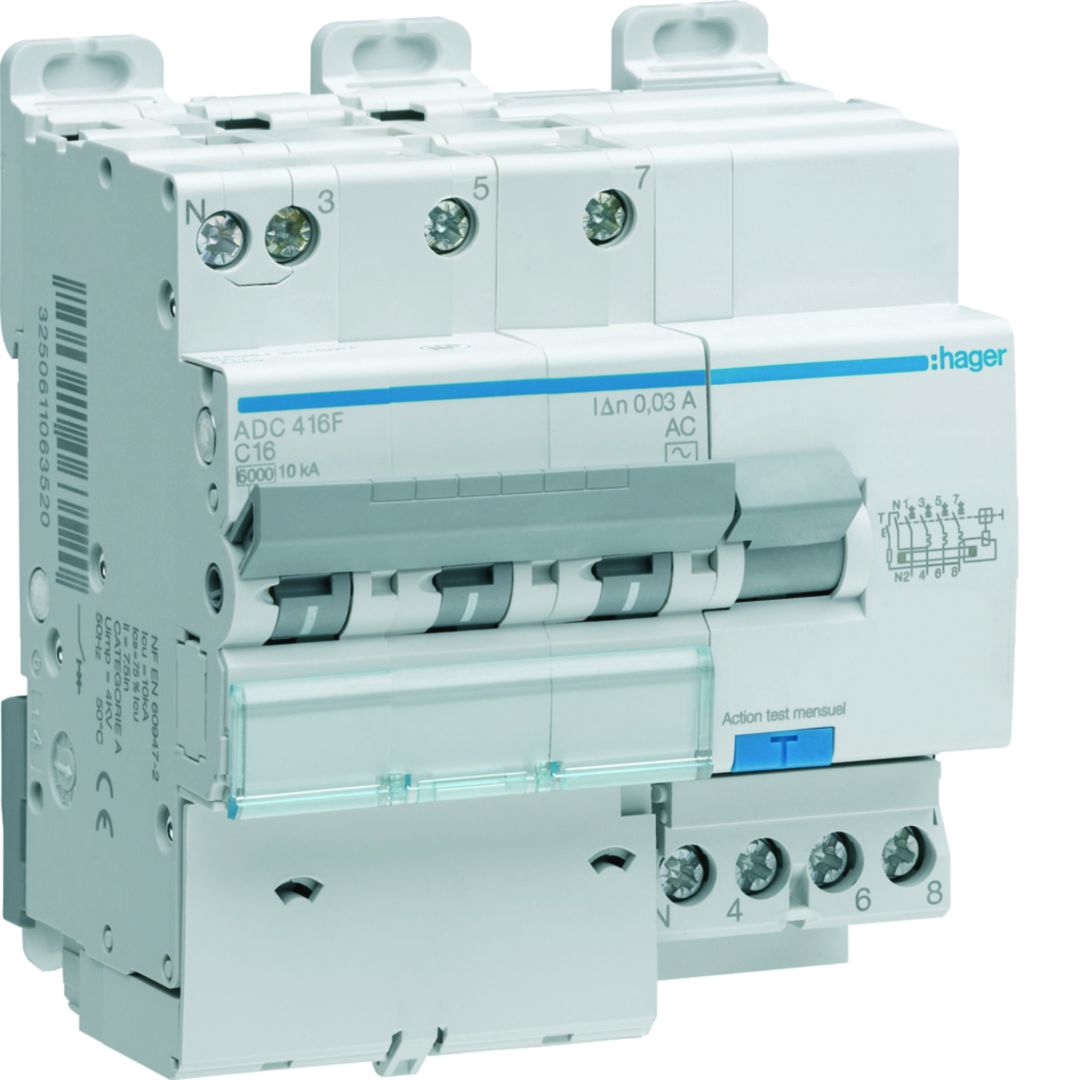 Hager ADC Series Residual Current Circuit Breaker, 16A, 3-Pole, 30 mA, Type C, 6 kA 400V ac
