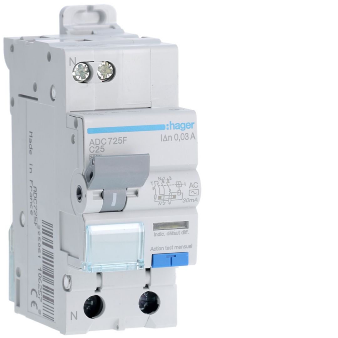 Hager ADC Series Residual Current Circuit Breaker, 25A, 1-Pole, 30 mA, Type C, 3 kA 240V ac