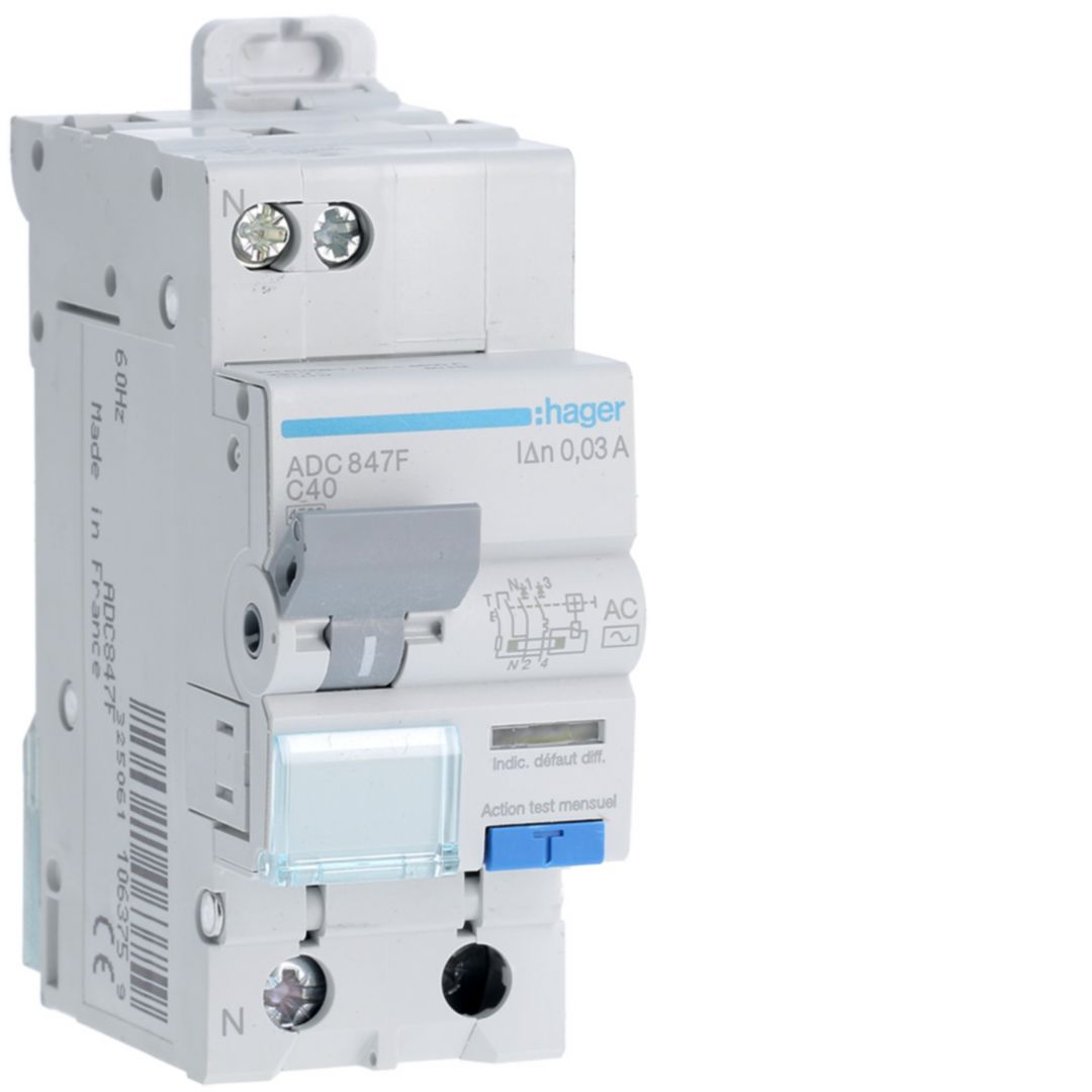 Hager ADC Series Residual Current Circuit Breaker, 40A, 1-Pole, 30 mA, Curve C, 4.5 kA 240V ac