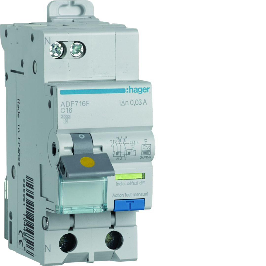 Hager ADF Series Residual Current Circuit Breaker, 16A, 1-Pole, 30 mA, Type C, 3 kA 230V ac