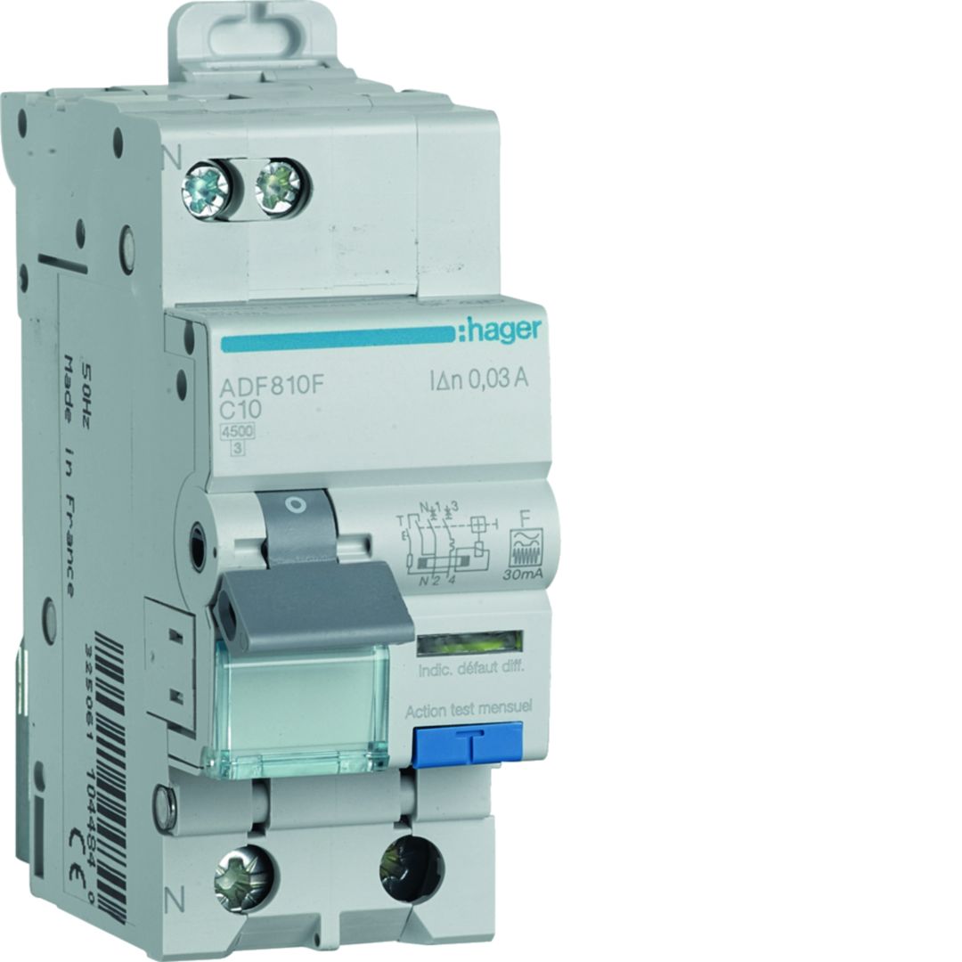 Hager ADF Series Residual Current Circuit Breaker, 10A, 1-Pole, 30 mA, Type C, 5 kA 230V ac