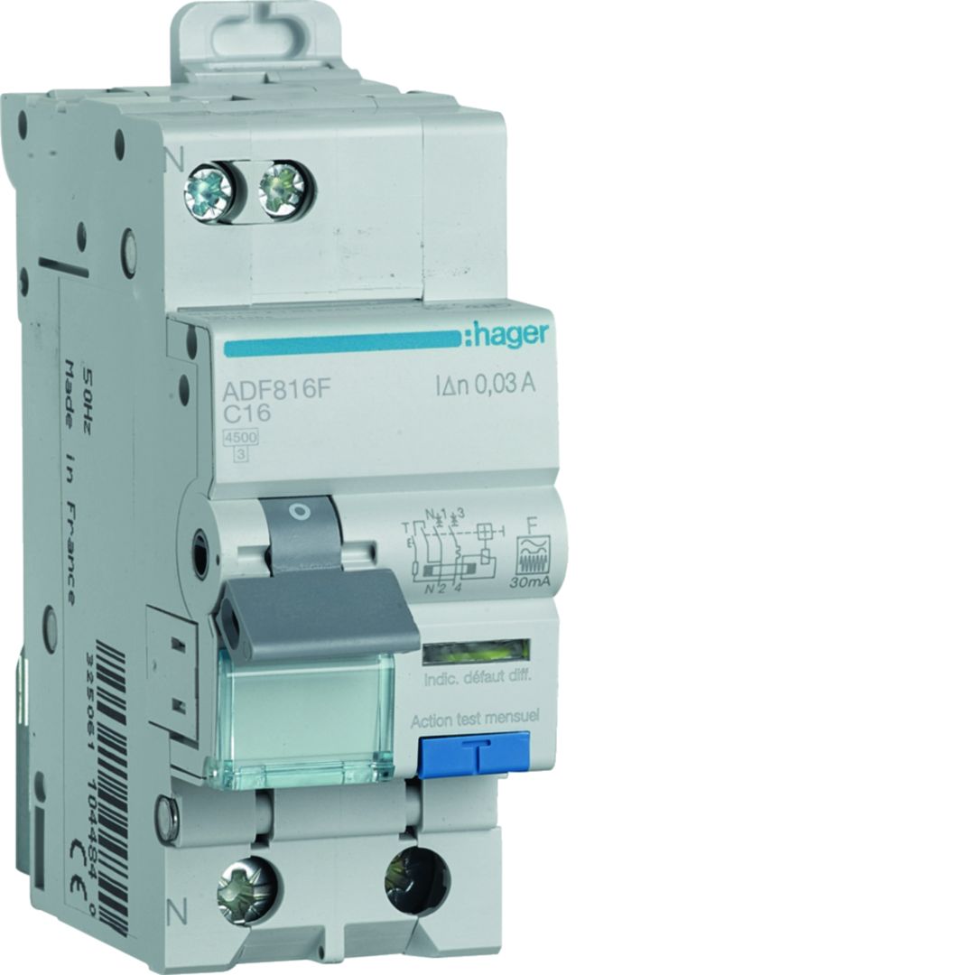 Hager ADF Series Residual Current Circuit Breaker, 16A, 1-Pole, 30 mA, Type C, 5 kA 230V ac