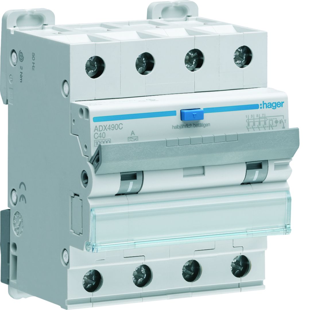 Hager Residual Current Circuit Breaker with Overload Protection, 40A Current Rating, 4-Pole, 30 mA Trip Sensitivity,