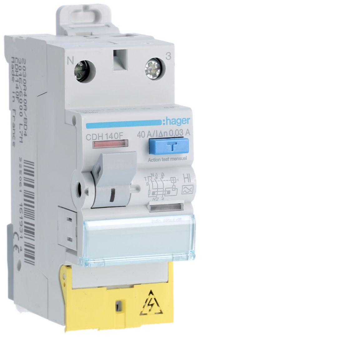 Hager CDH RCCB, 40A, 1P+N Pole, 30mA, Type A-HI, 230V ac