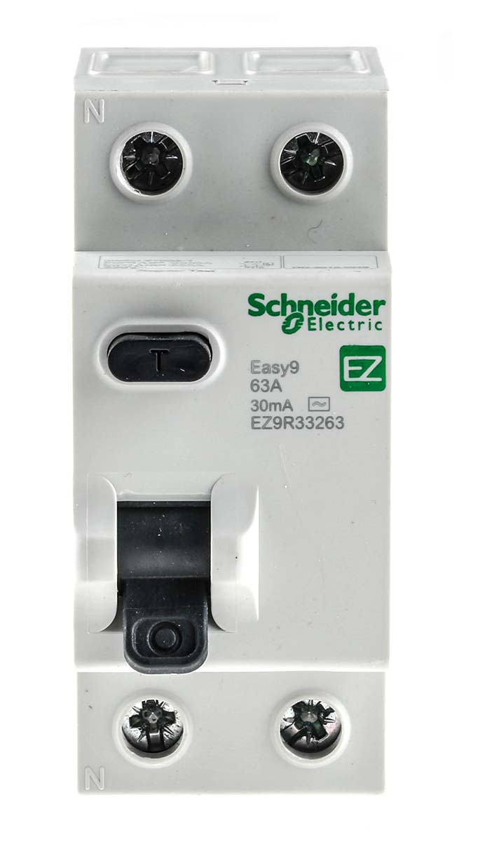 ez9r33263 Schneider Electric Easy9 Series Residual Current Circuit Breaker, 63A, 2-Pole, 30 mA, Type AC, 500 A 230V ac