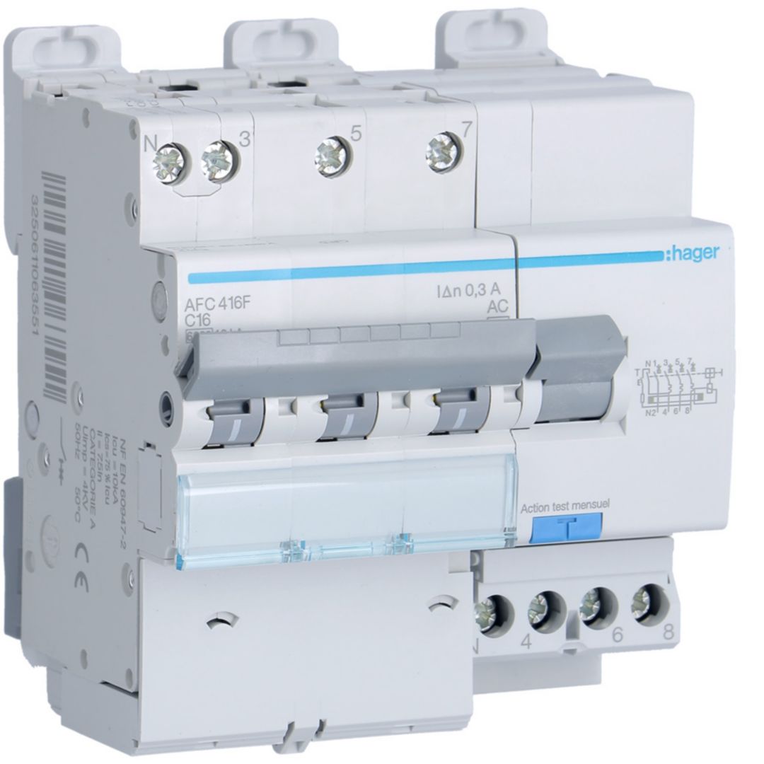Hager Residual Current Circuit Breaker with Overload Protection, 16A Current Rating, 3-Pole, 300 mA Trip Sensitivity,
