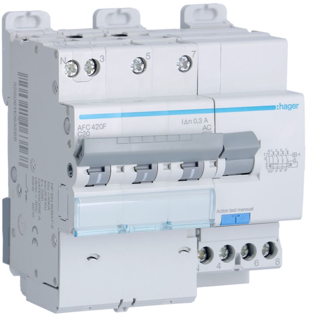 Hager Residual Current Circuit Breaker with Overload Protection, 20A Current Rating, 3-Pole, 300 mA Trip Sensitivity,