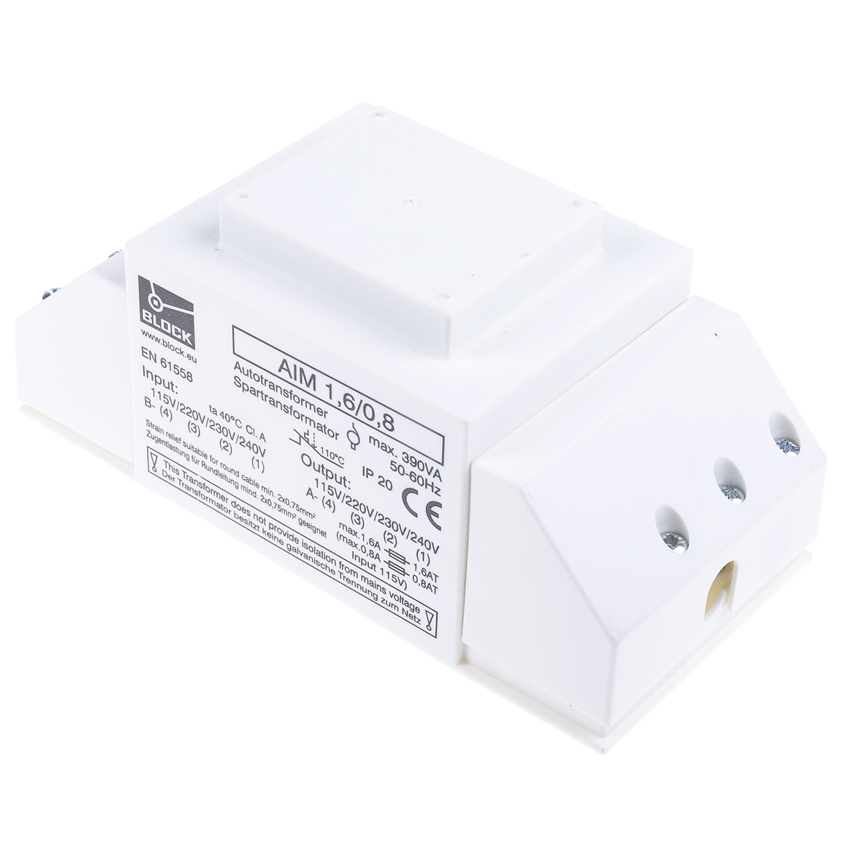 Block Enclosed 390 VA Auto-Transformer, 230 V ac Primary