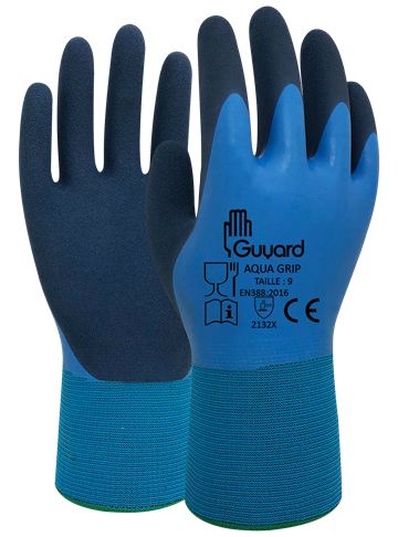 GUYARD AQUAGRIP Blue Nylon Work Gloves, Size 7, Latex Coating