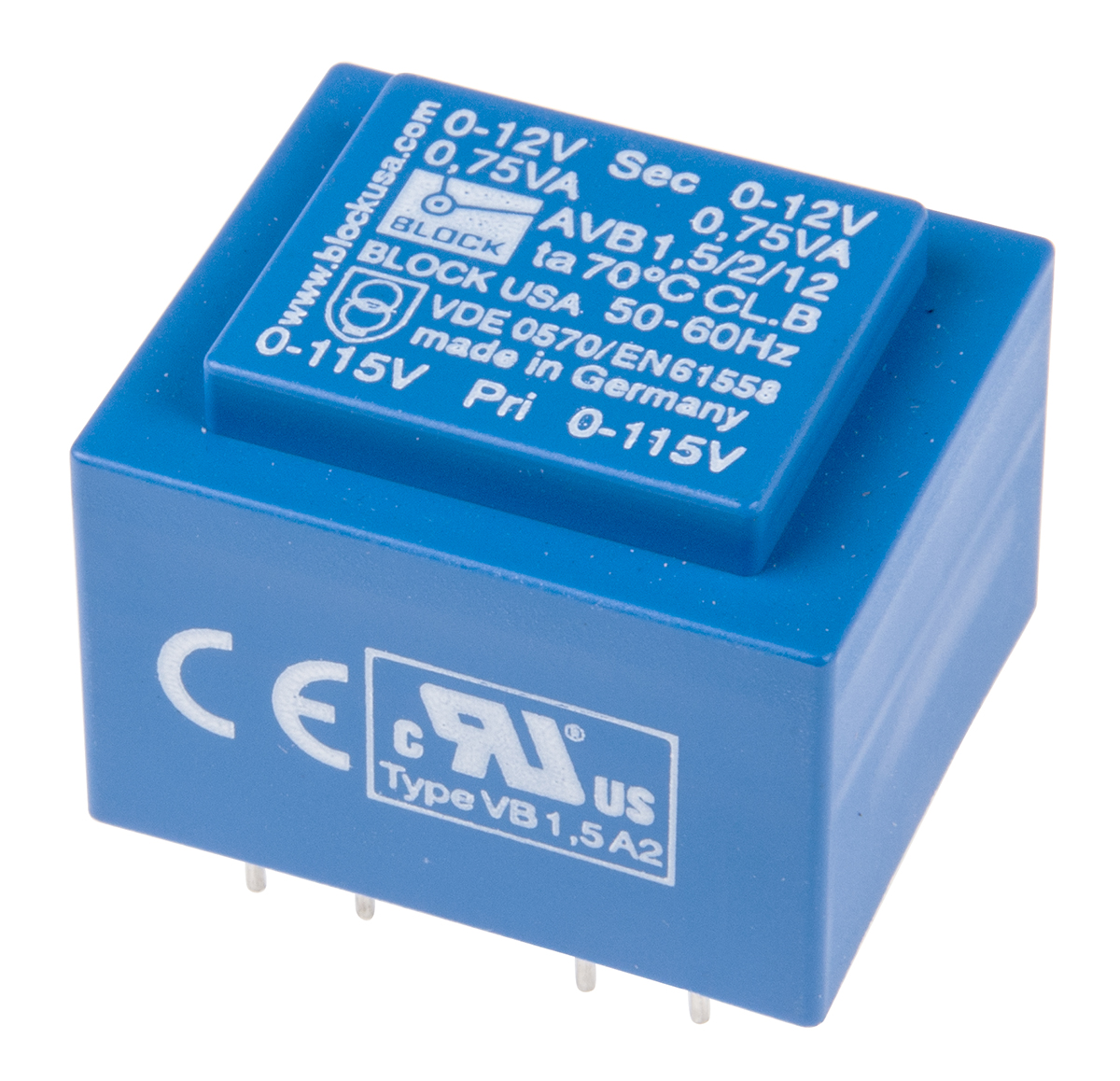 Block 12 V ac 2 Output Pin PCB Transformer, ENEC 10 (VDE), C-UL-US 1.5 VA