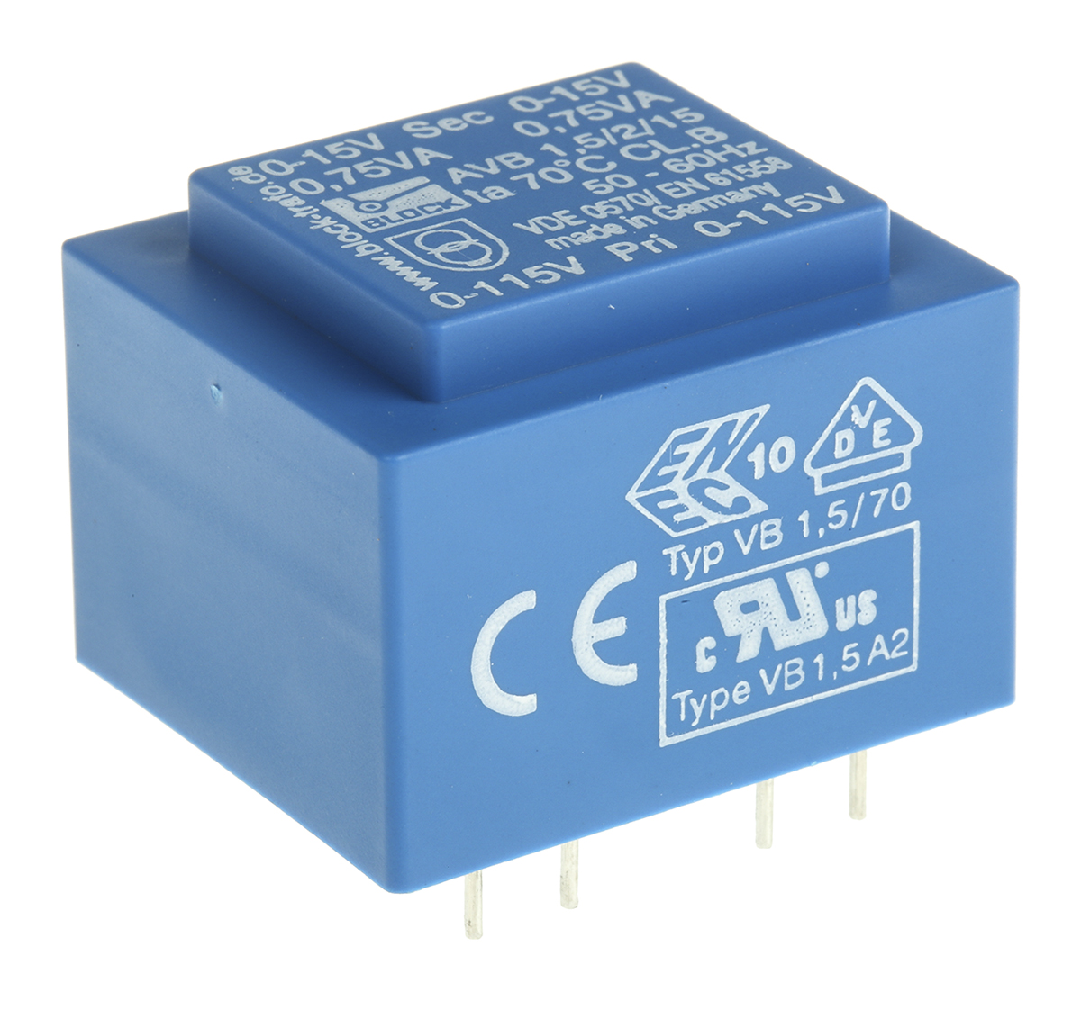 Block 15 V ac 2 Output Pin PCB Transformer, DIN EN 61558-2-1, VDE 0570 Part 2-6, IEC 61558-2-1, IEC 61558-2-6, ENEC 10