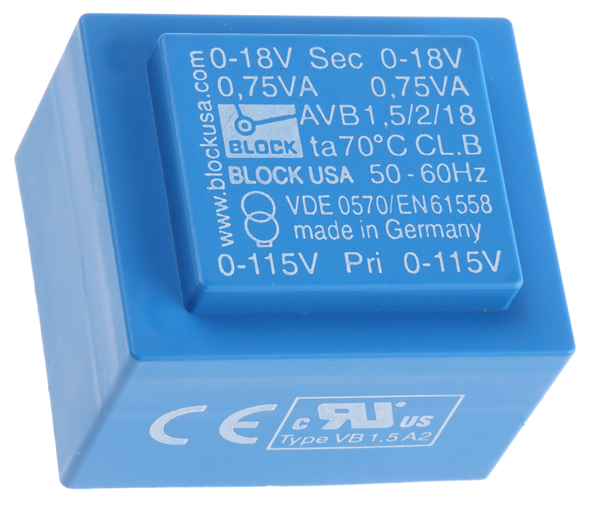 Block 18 V ac 2 Output Pin PCB Transformer, VDE 0570 Part 2-6, ENEC 10 (VDE), DIN EN 61558-2-1, C-UL-US, IEC 61558-2-6,