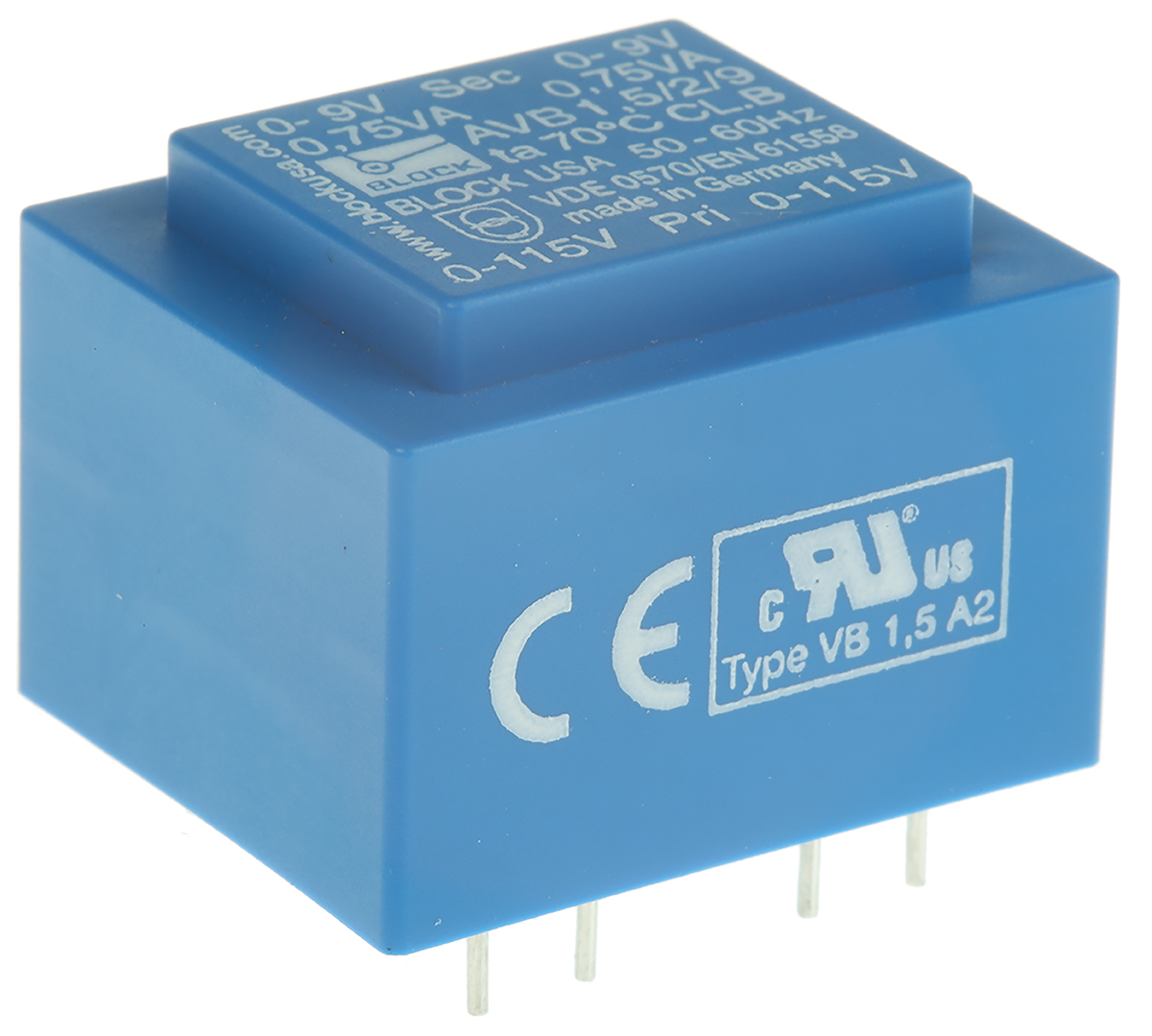 Block 9 V ac 2 Output Pin PCB Transformer, C-UL-US, ENEC 10 (VDE) 1.5 VA