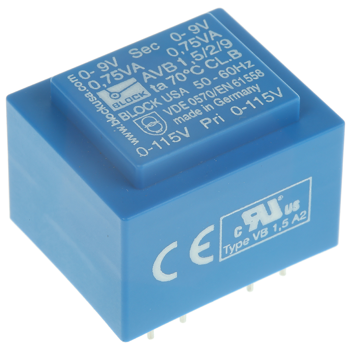avb1529 Block 9 V ac 2 Output Pin PCB Transformer, C-UL-US, ENEC 10 (VDE) 1.5 VA