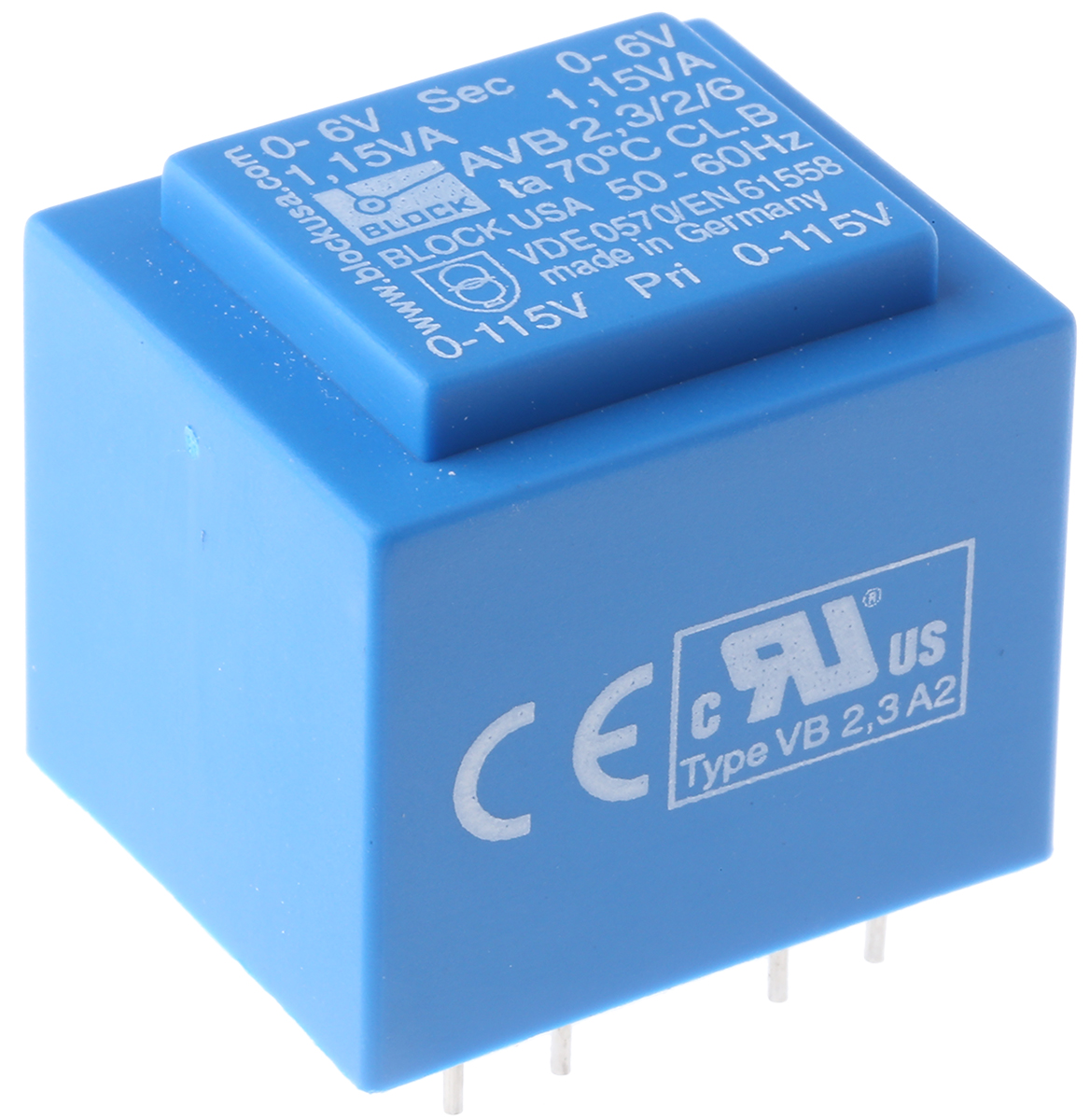 Block 6 V ac 2 Output Pin PCB Transformer, ENEC 10 (VDE), C-UL-US 2.3 VA