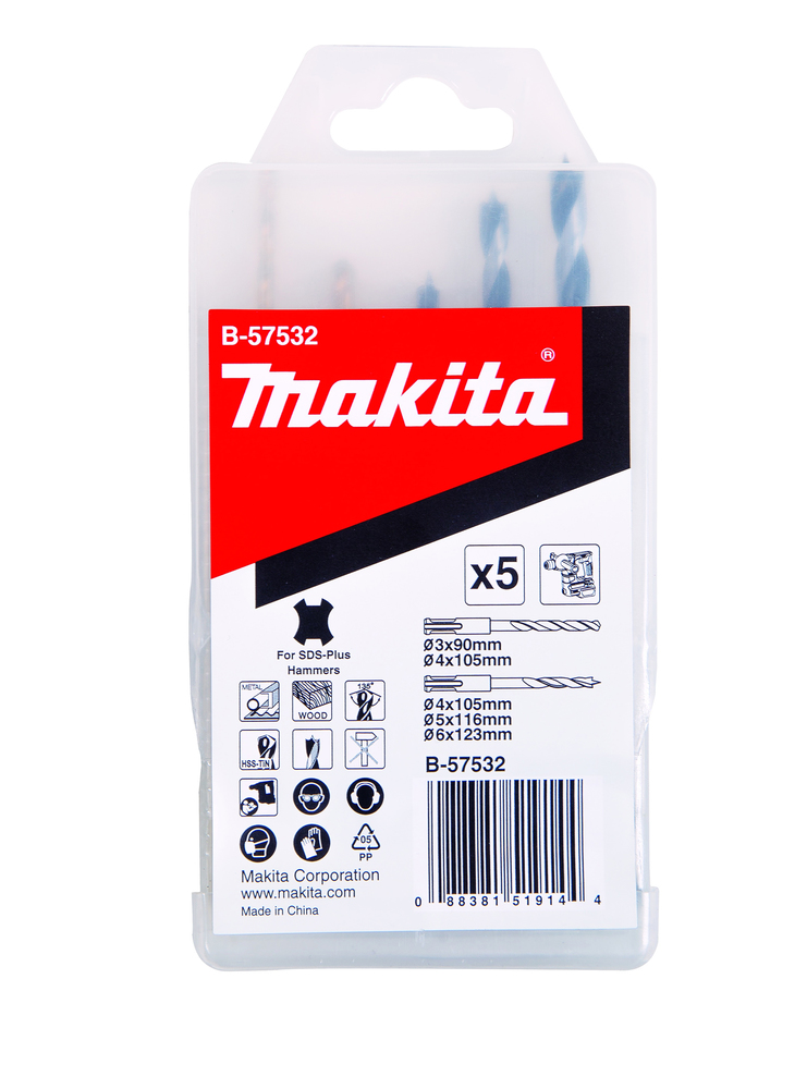 Makita 5-Piece SDS Set for Masonry, 6 mm Max, 3 mm Min, High Speed Steel Bits