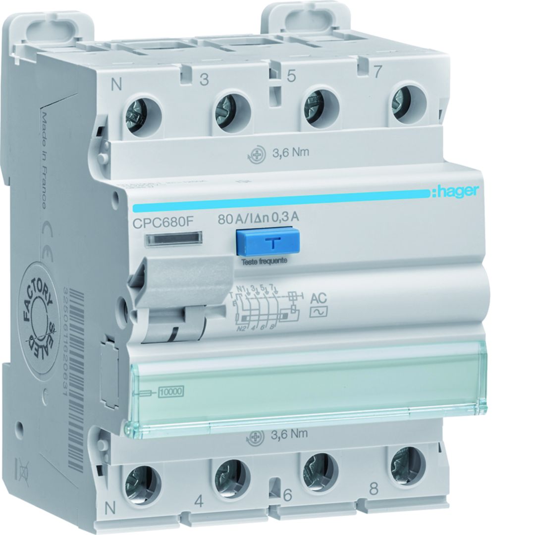 Hager CPC RCCB, 80A, 3P+N Pole, 300mA, Type AC, 230 → 400V ac