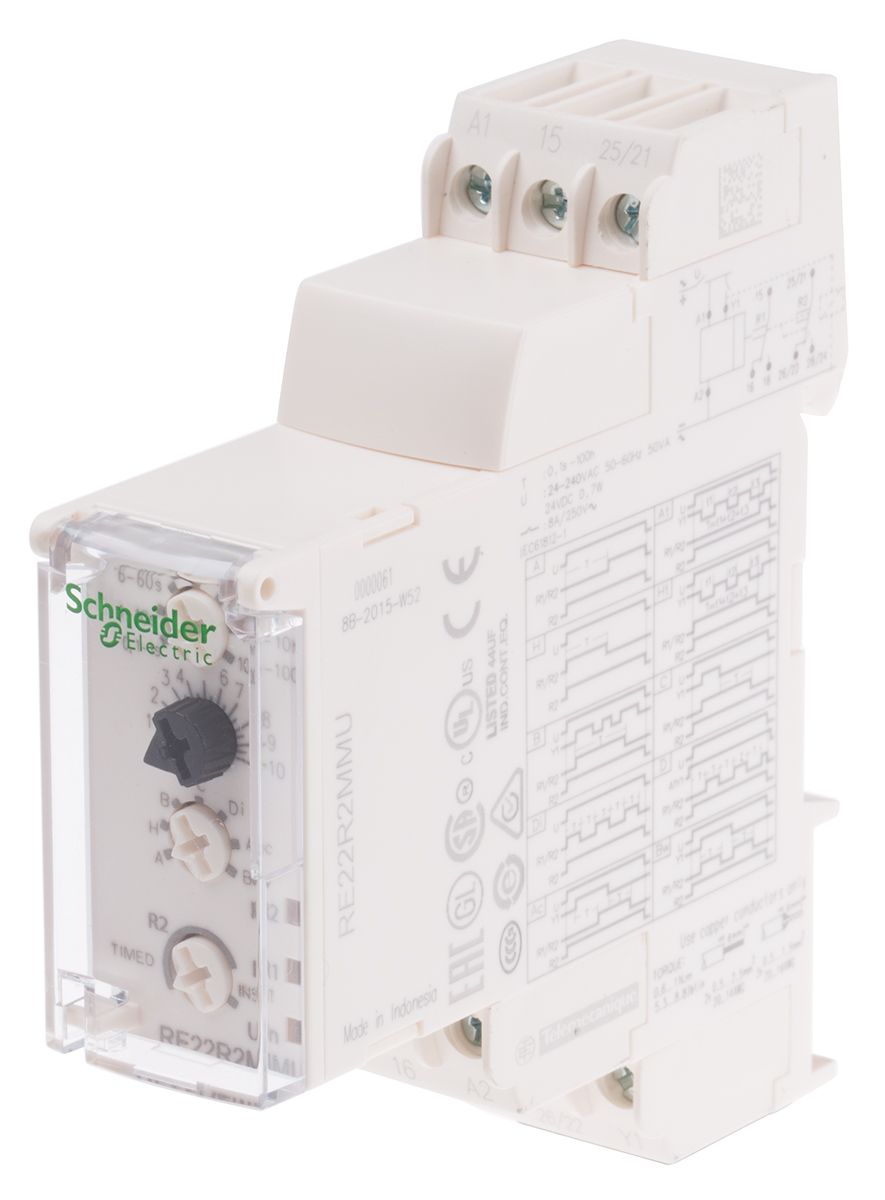 re22r2mmu Multi Function Multi Function Timer Relay, Screw, 0.1 s → 100 h, DPDT, 4 Contacts, DPCO, 24 → 240 V ac