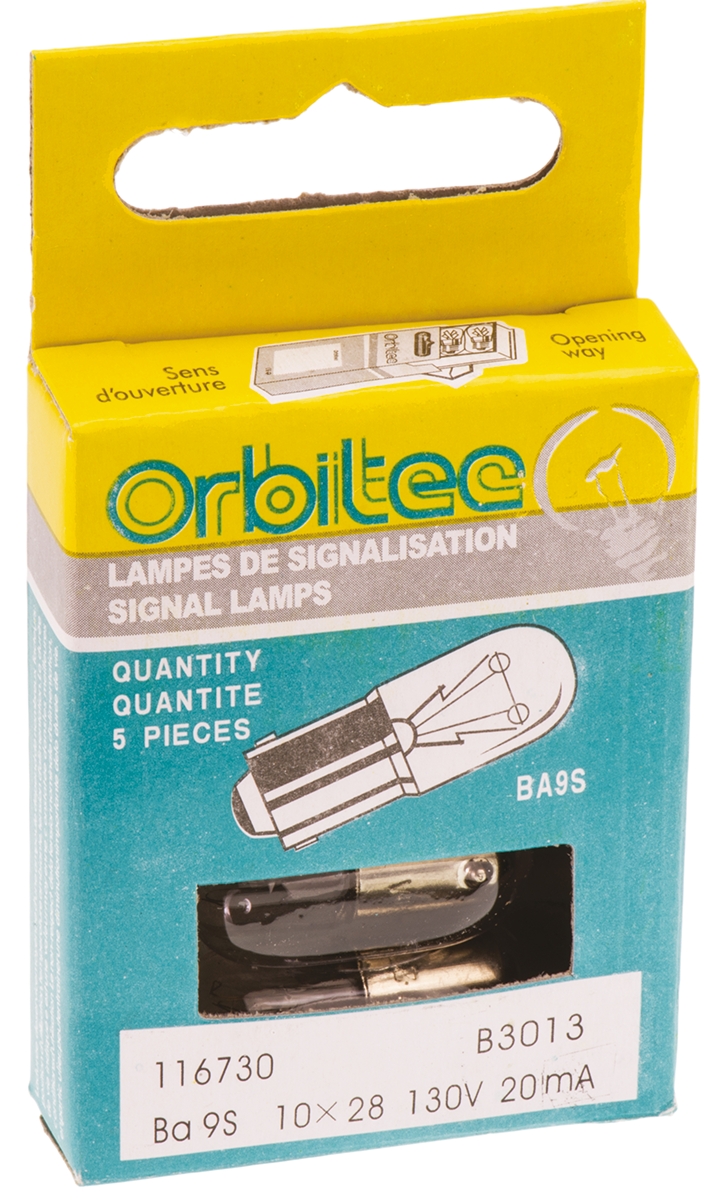b3013 Orbitec BA9S Indicator Light, Clear, 130V, 20mA, 1500 h