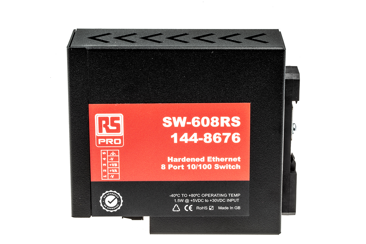 144-8676 RS PRO DIN Rail Mount Industrial Ethernet Switch, 8 RJ45 Ports, 10/100Mbit/s Transmission