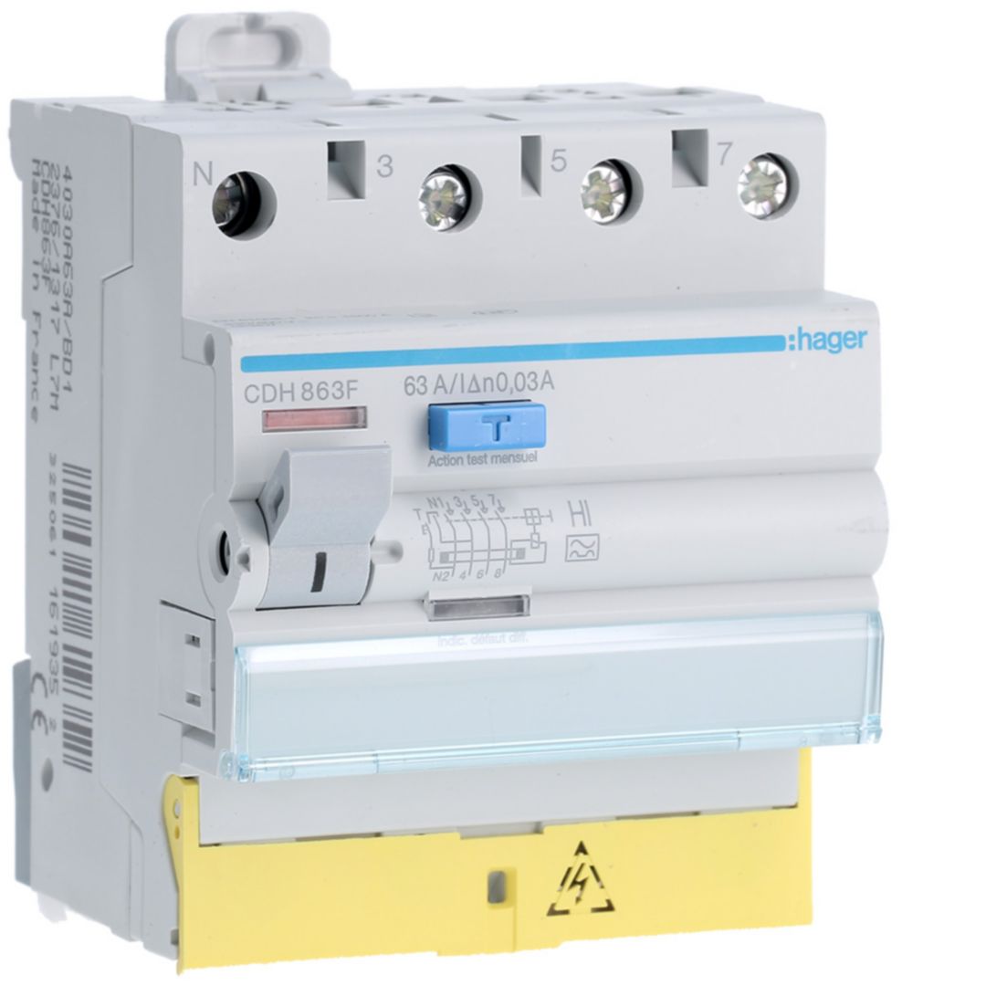 Hager CDH RCCB, 63A, 3P+N Pole, 30mA, Type A-HI, 230 → 400V ac
