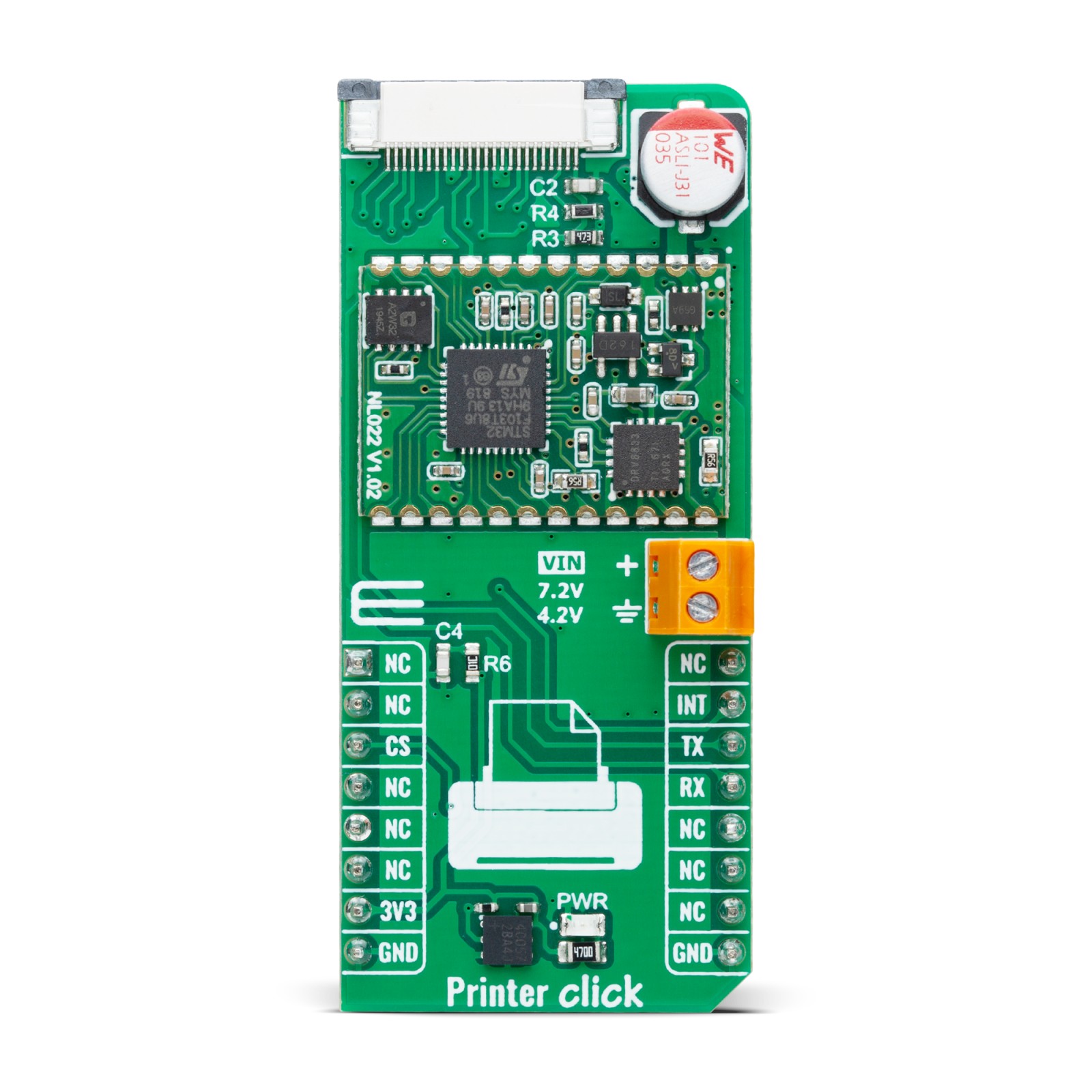 MikroElektronika MIKROE-6460, Printer Click Thermal Sensor Evaluation Board for Thermal Printer Heads for NL022(thermal