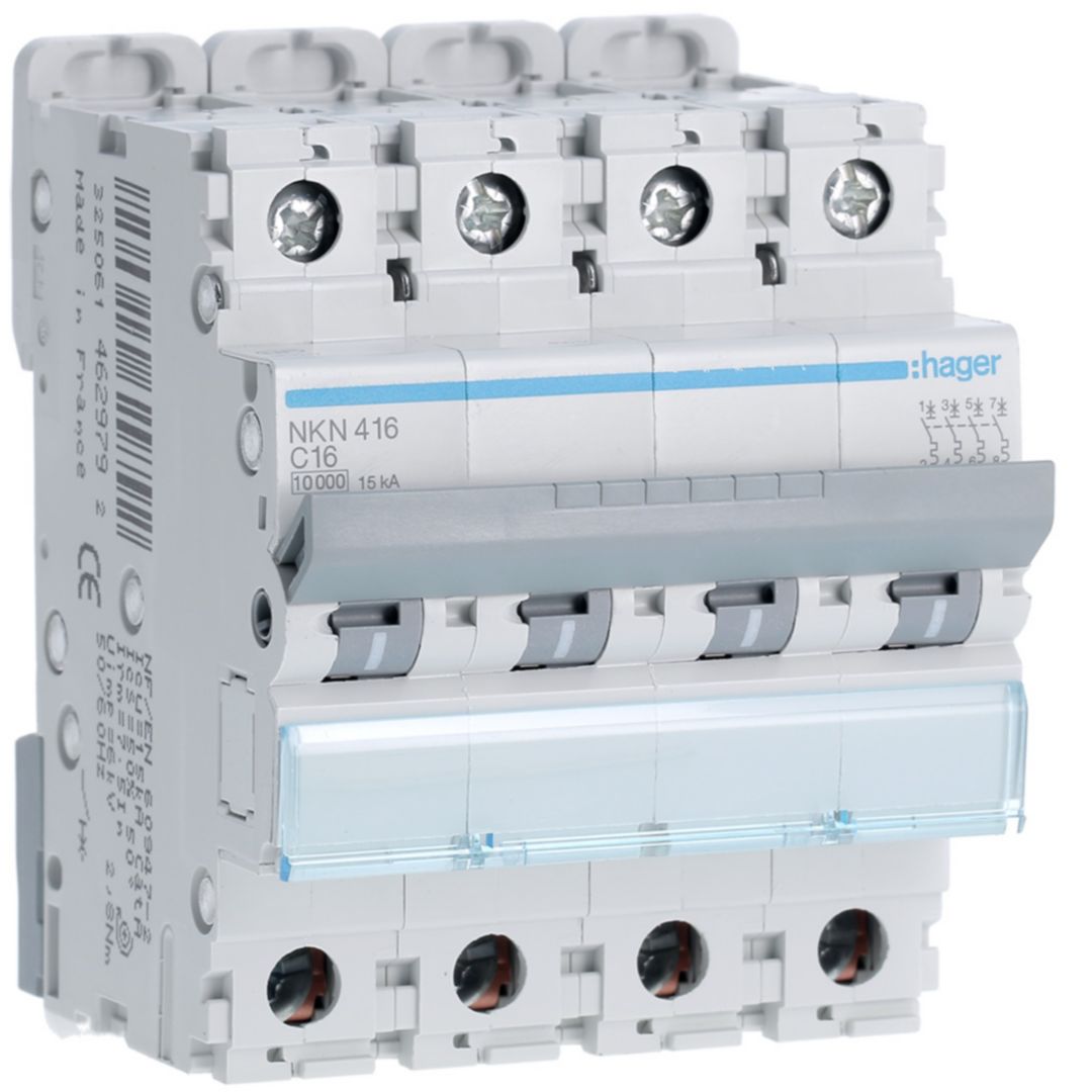Hager Hager NKN Circuit Breaker, 4P, 16A Curve C, 400V AC, 15 kA Breaking Capacity