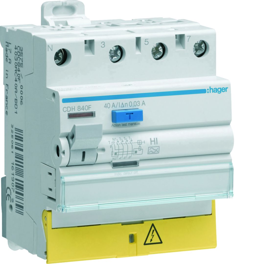 Hager CDH RCCB, 40A, 3P+N Pole, 30mA, Type A-HI, 230 → 400V ac