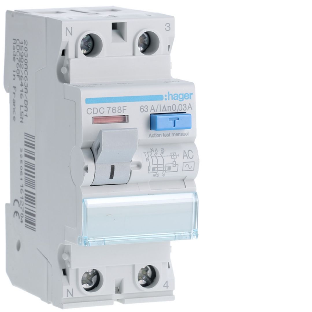 Hager CDC RCD Switch, 63A, 2 Pole, 30mA, Type AC, 230V