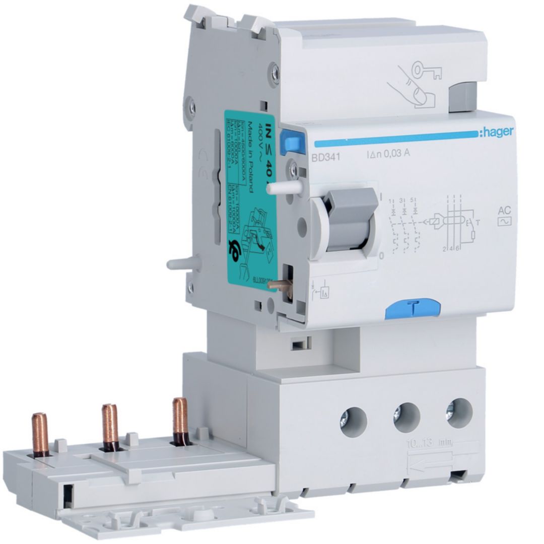 Hager BD Series Residual Current Circuit Breaker, 40A, 3-Pole, 30 mA, Type AC, 40 A