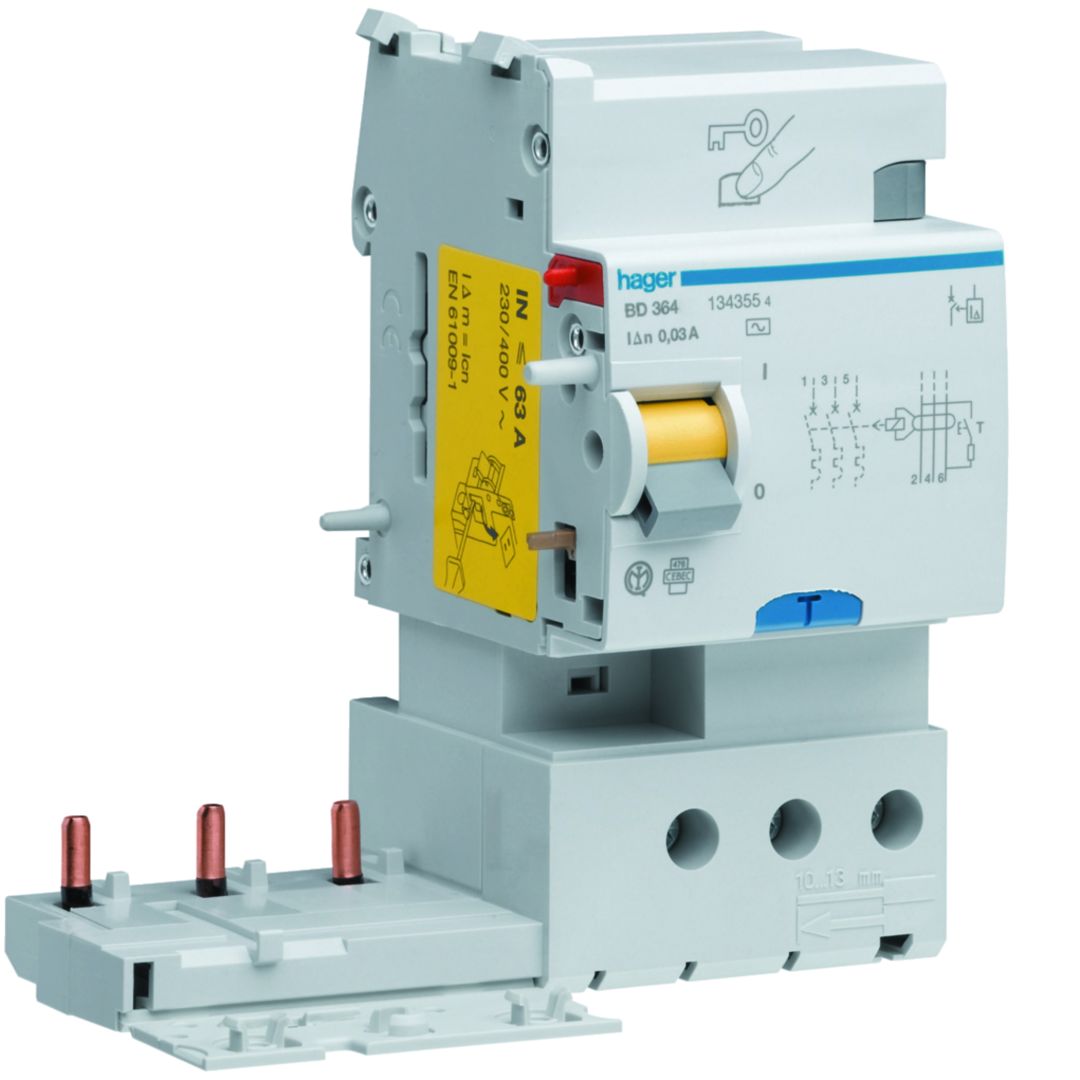 Hager BD Series Residual Current Circuit Breaker, 63A, 3-Pole, 30 mA, Type AC, 63 A