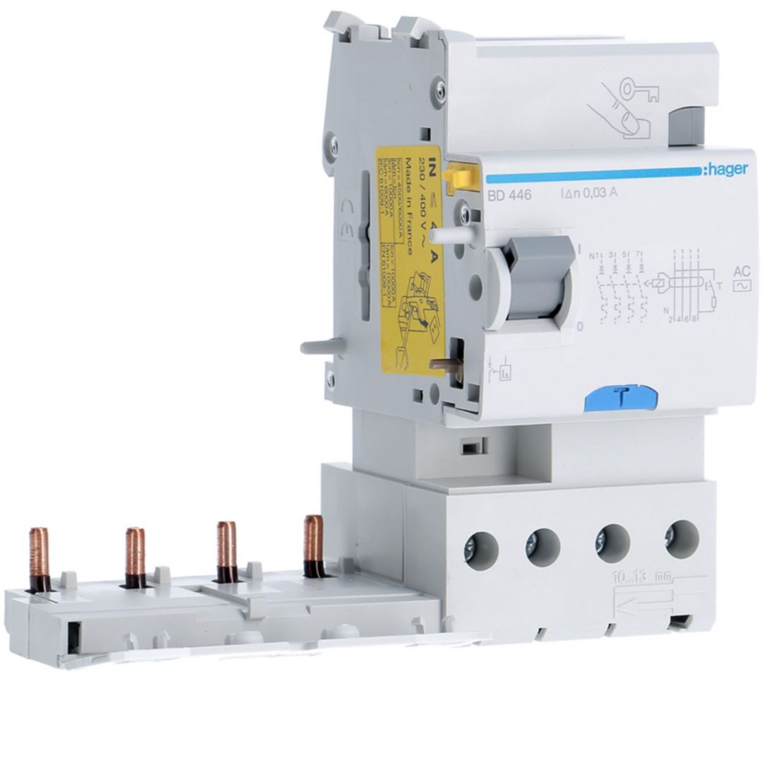 Hager BD Series Residual Current Circuit Breaker, 40A, 4-Pole, 30 mA, Type AC, 63 A 400V ac