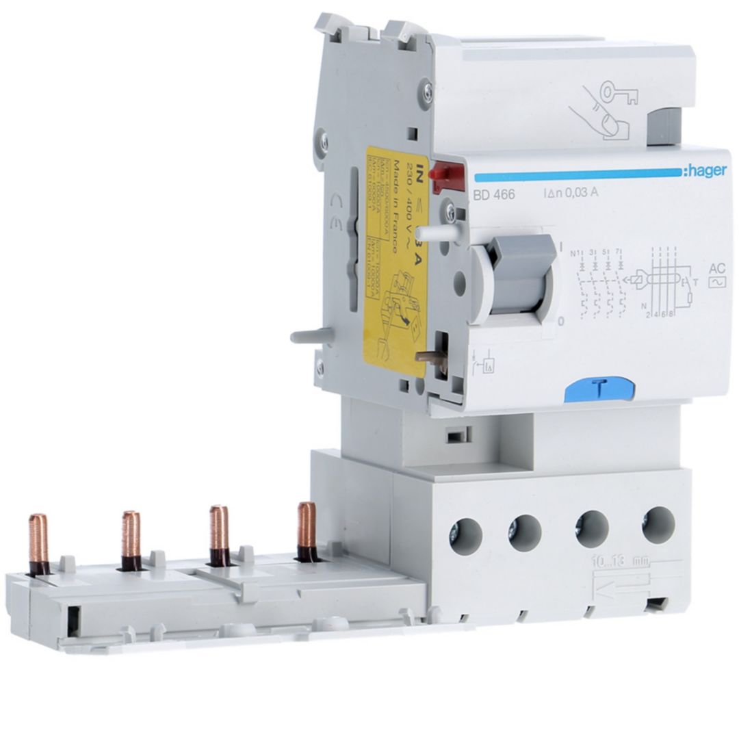 Hager BD Series Residual Current Circuit Breaker, 63A, 4-Pole, 30 mA, Type AC, 63 A 400V ac