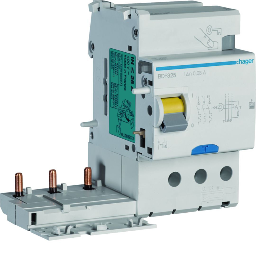 Hager BDF Series Residual Current Circuit Breaker, 25A, 3-Pole, 30 mA, Type F, 25 A