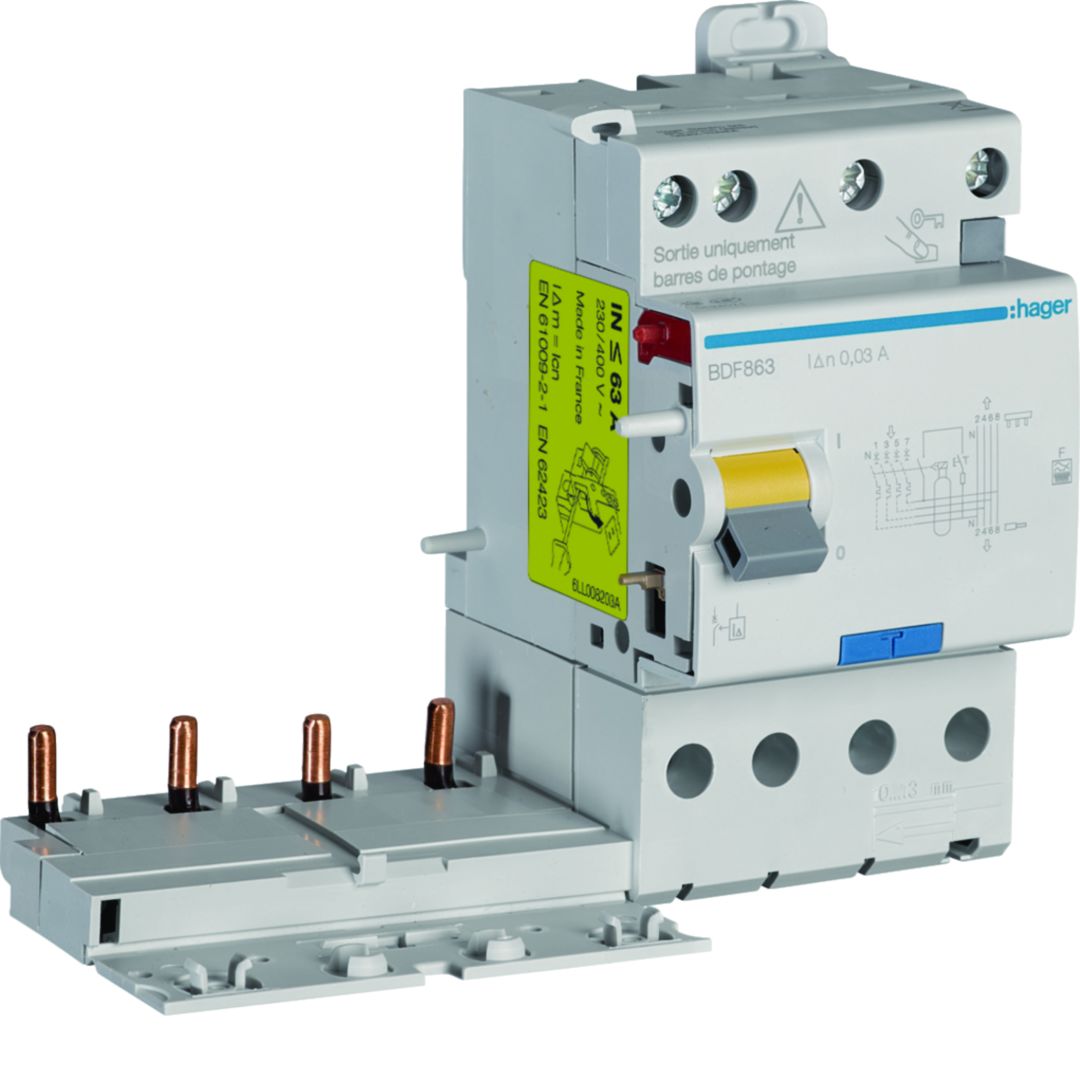 Hager BDF Series Residual Current Circuit Breaker, 63A, 4-Pole, 30 mA, Type F