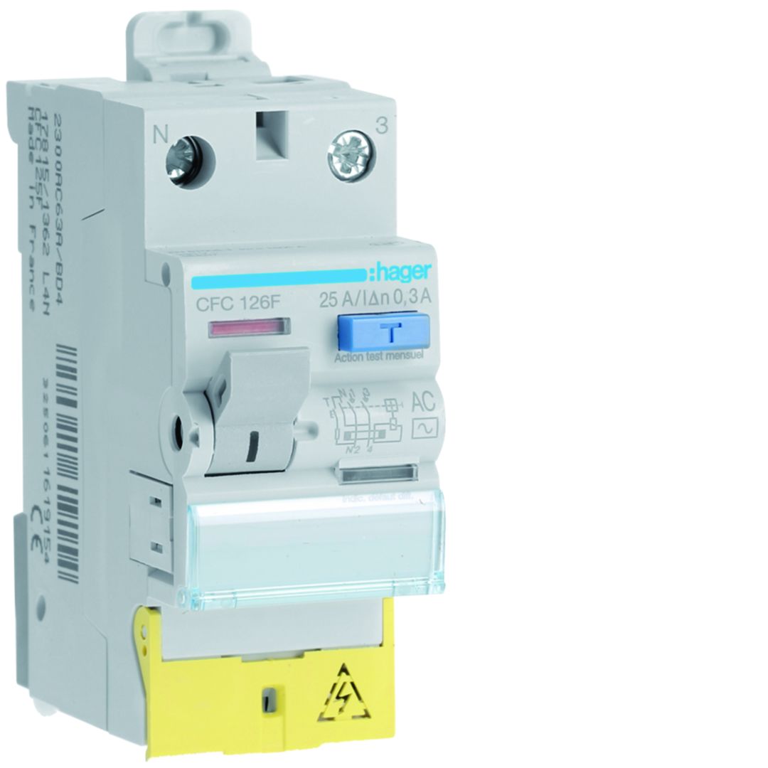 Hager CFC RCCB, 25A, 1P+N Pole, 300mA, Type AC, 230V ac