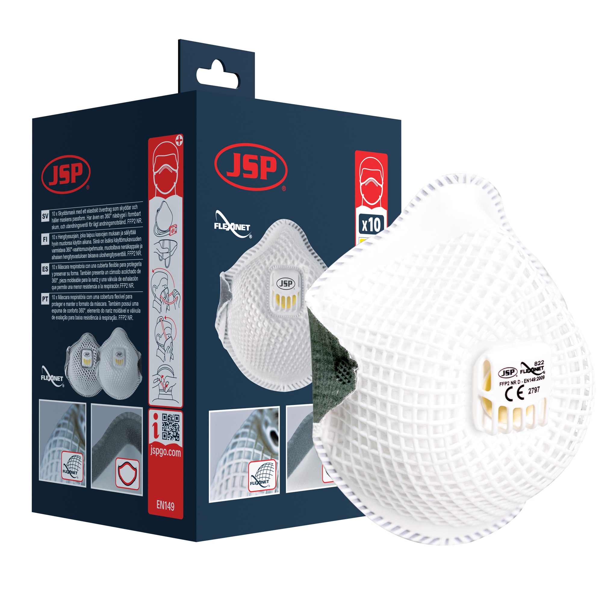 JSP Flexinet Series Disposable Respirator for General Purpose Protection Valved, FFP2 10 Per Pack per Package Moulded