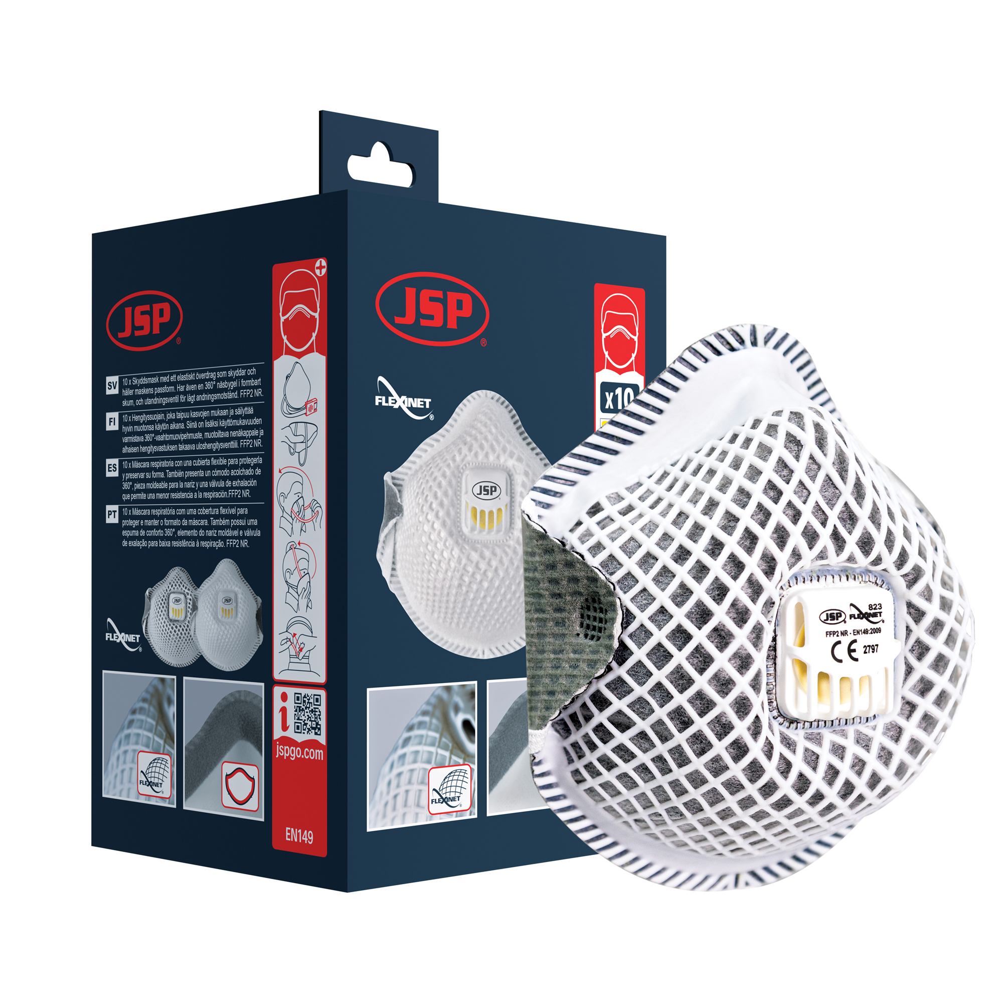 JSP Flexinet Series Disposable Respirator for General Purpose Protection Valved, FFP2 10 Per Pack per Package Moulded
