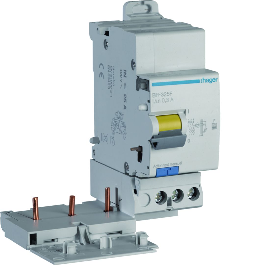 Hager BFF Series Residual Current Circuit Breaker, 25A, 3-Pole, 300 mA, Type F