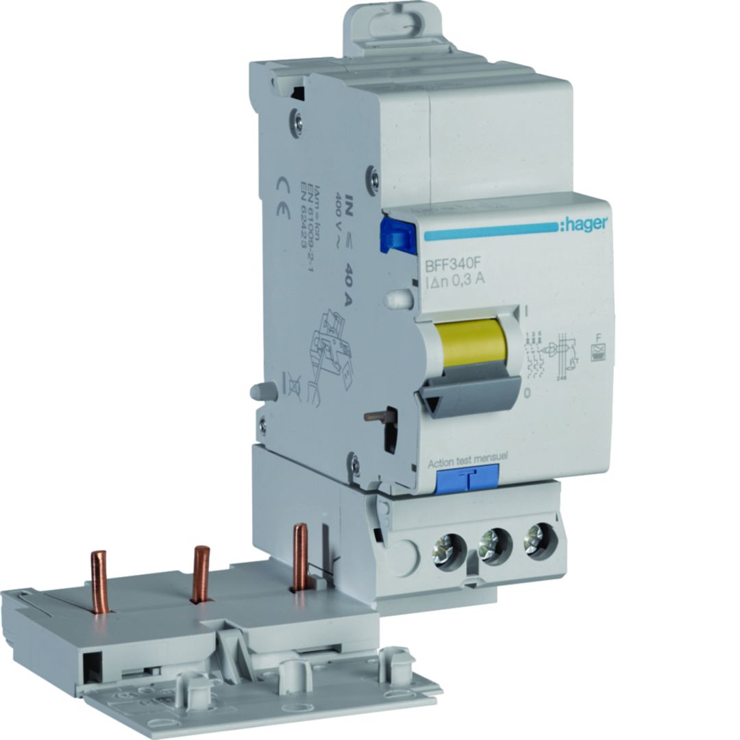 Hager BFF Series Residual Current Circuit Breaker, 40A, 3-Pole, 300 mA, Type F