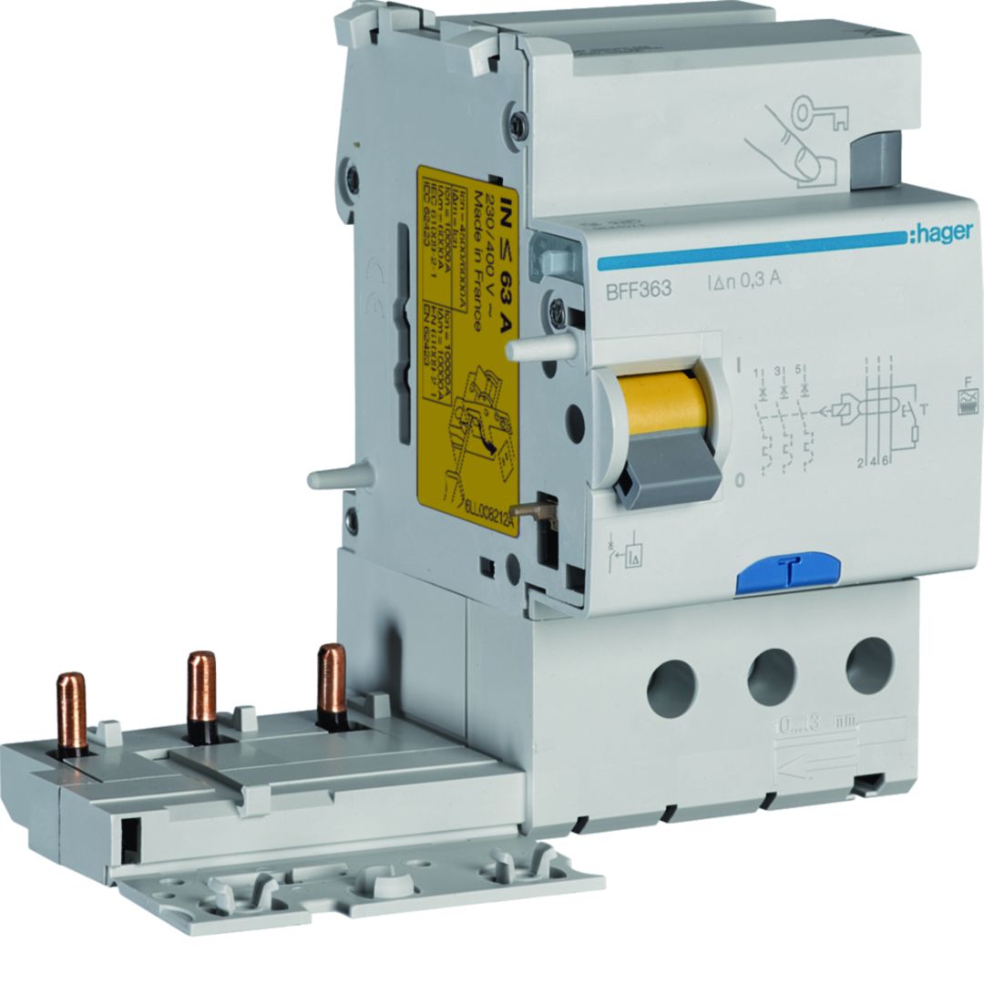 Hager BFF Series Residual Current Circuit Breaker, 63A, 3-Pole, 300 mA, Type F
