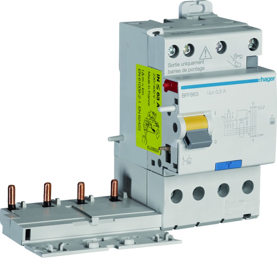 Hager BFF Series Residual Current Circuit Breaker, 63A, 4-Pole, 300 mA, Type F