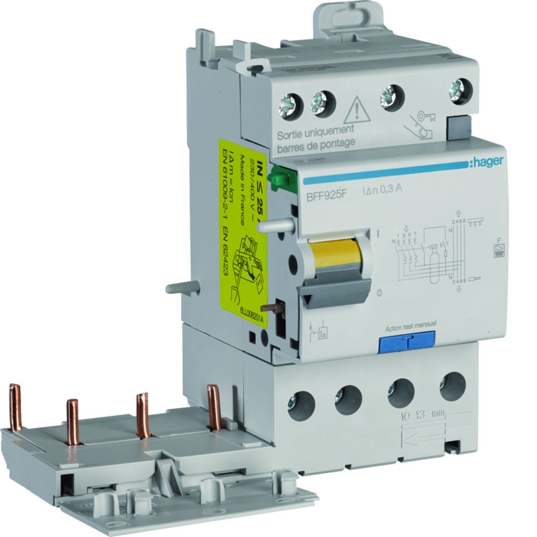 Hager BFF Series Residual Current Circuit Breaker, 25A, 3-Pole, 300 mA, Type F