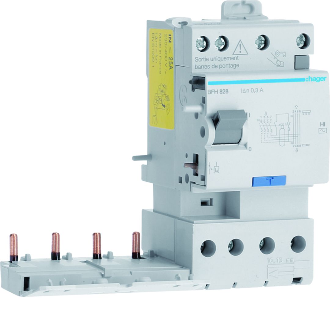 Hager BFH Series Residual Current Circuit Breaker, 25A, 4-Pole, 300 mA, Type A